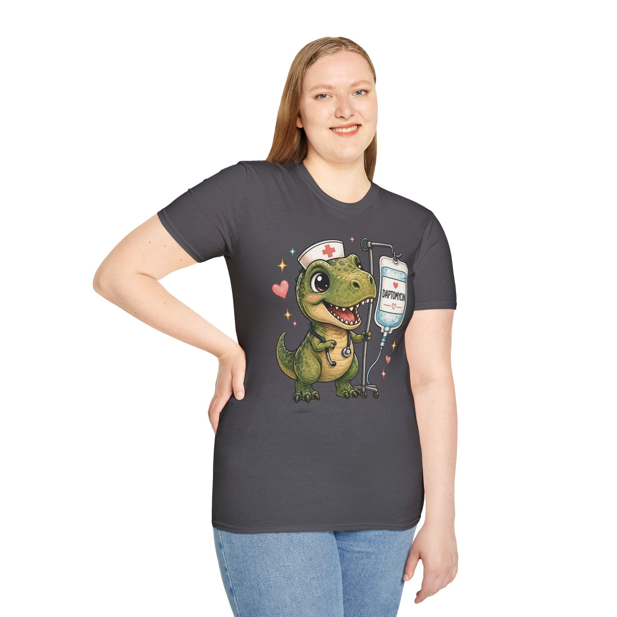 Nurse Dino T‑Shirt — Cute Daptomycin IV Cartoon Tee for Nurses & Med Students