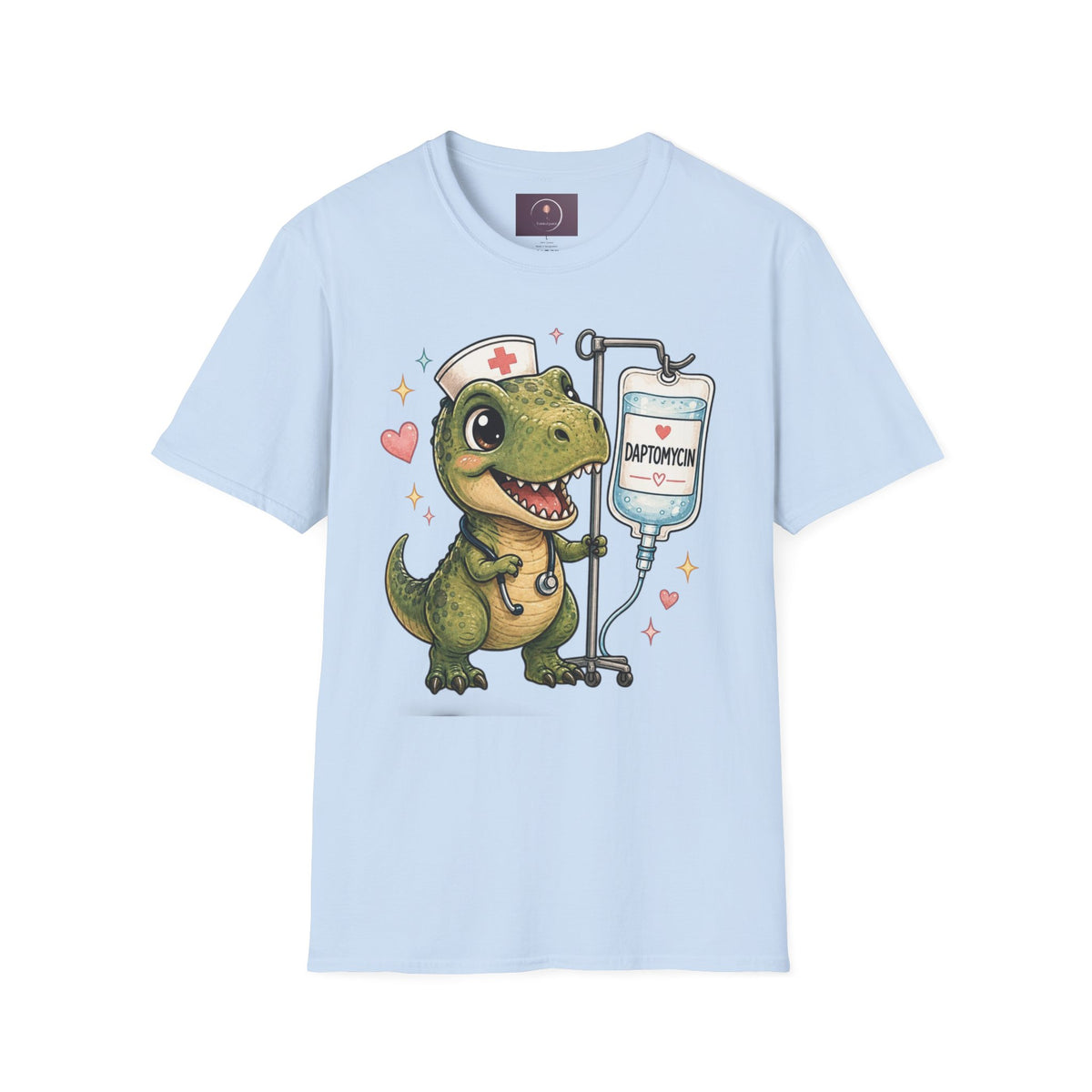 Nurse Dino T‑Shirt — Cute Daptomycin IV Cartoon Tee for Nurses & Med Students