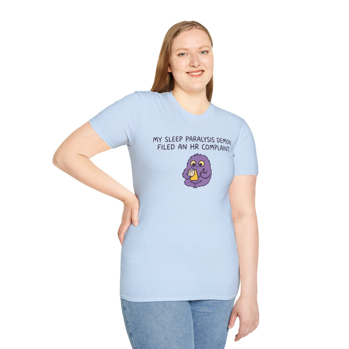 Sleep Paralysis Demon T‑Shirt — Funny Cute Purple Monster with HR Complaint