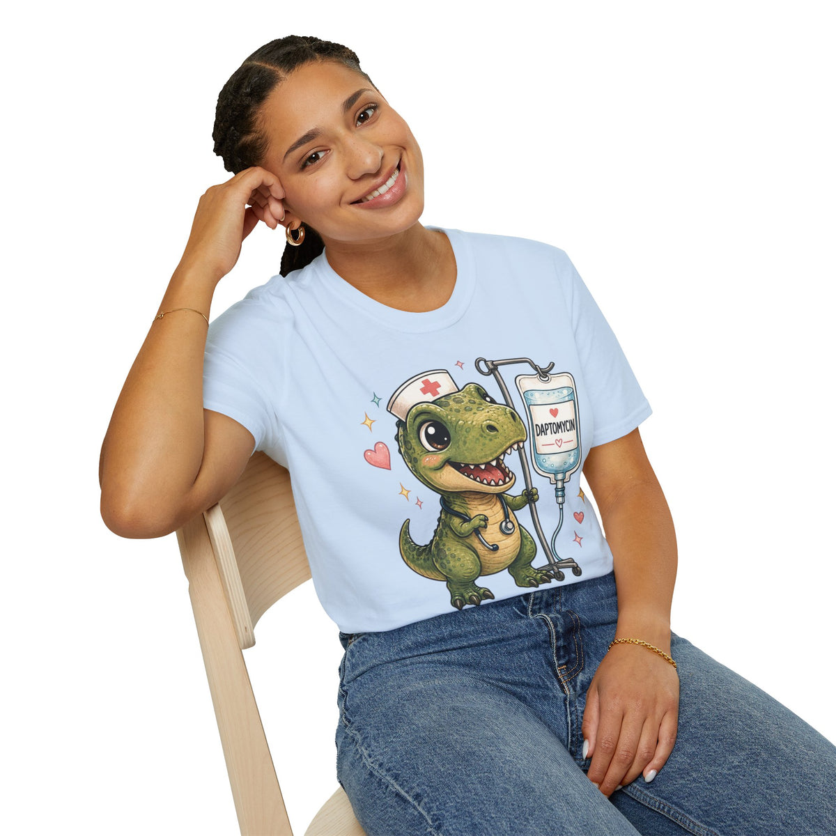Nurse Dino T‑Shirt — Cute Daptomycin IV Cartoon Tee for Nurses & Med Students