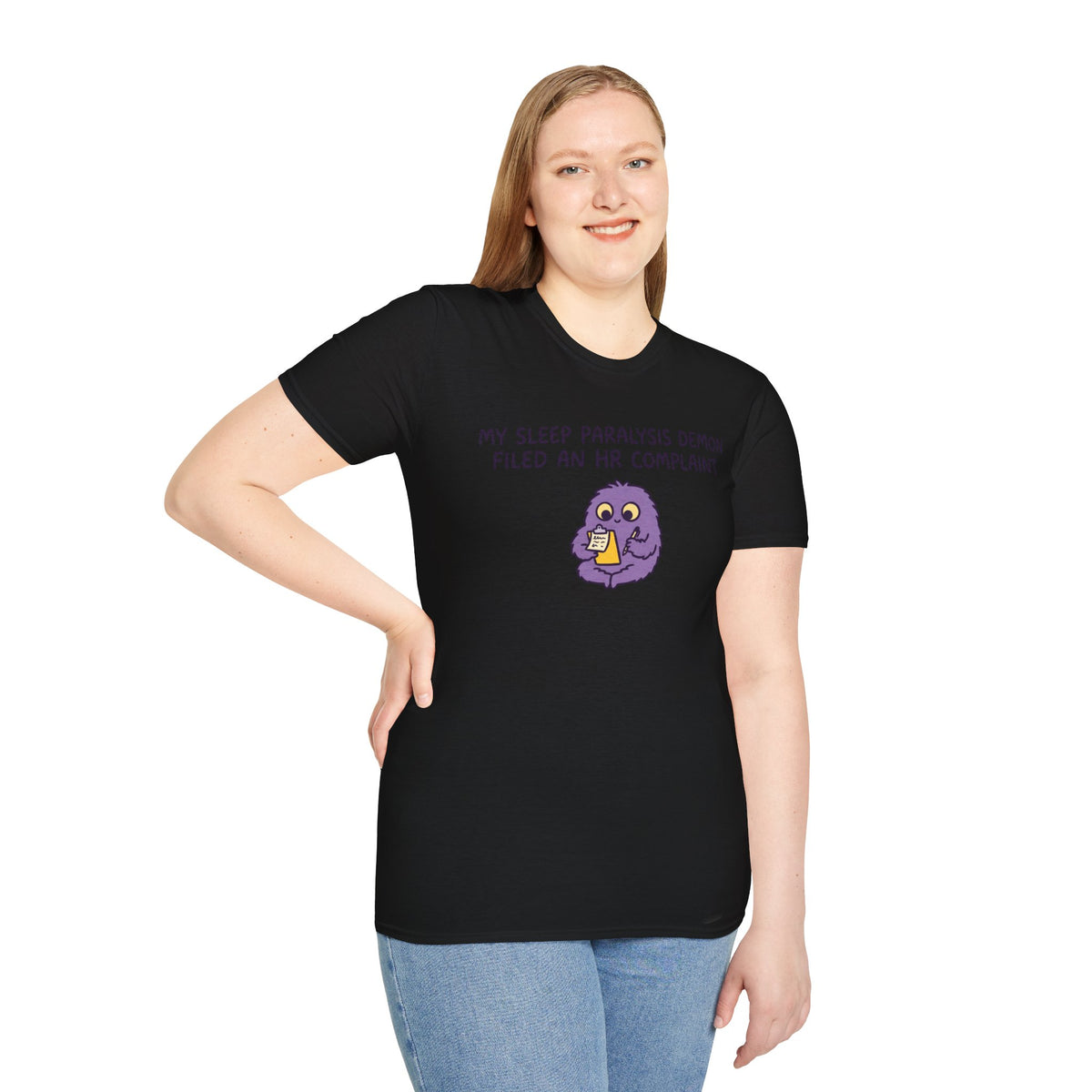 Sleep Paralysis Demon T‑Shirt — Funny Cute Purple Monster with HR Complaint