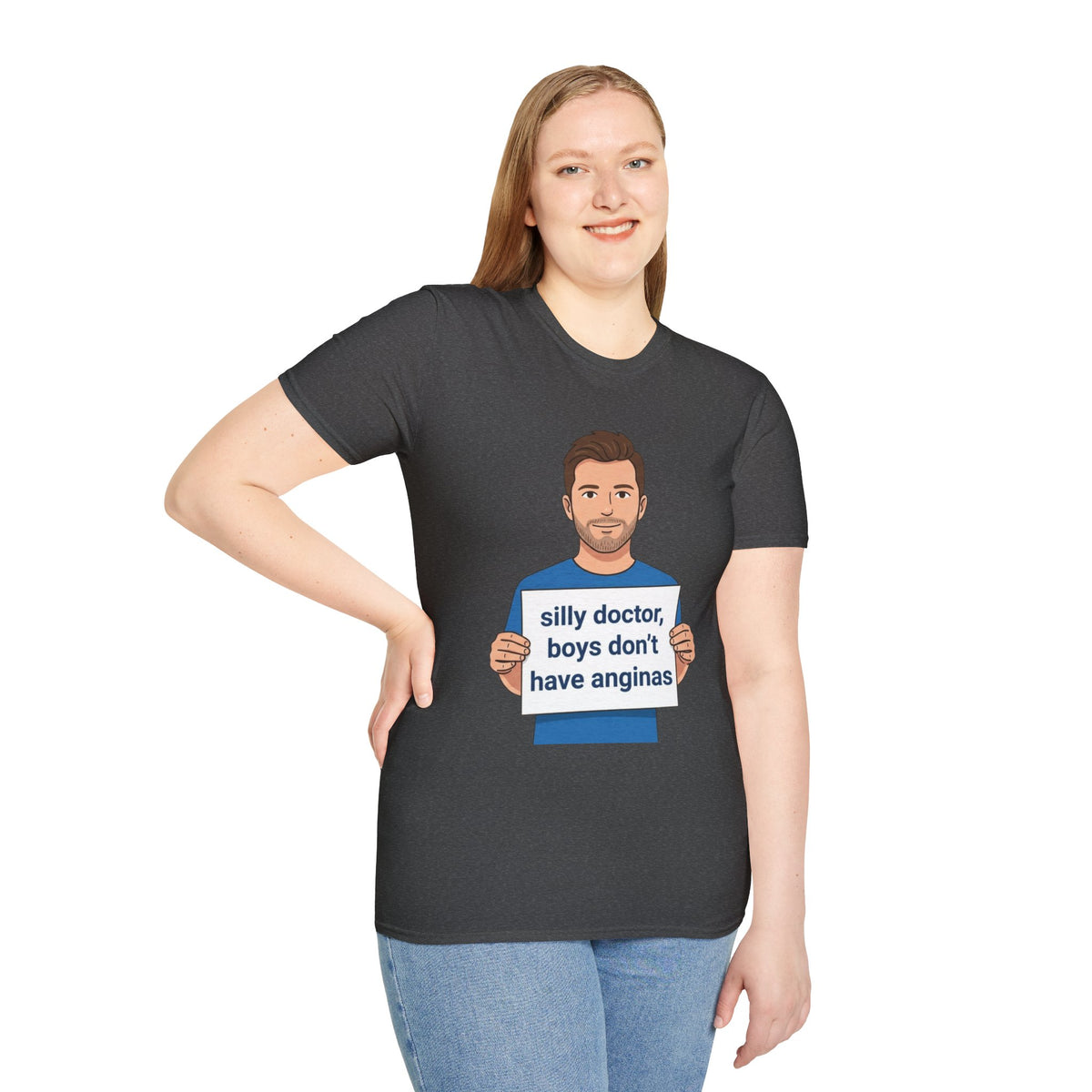 Graphic T-Shirt — 'silly doctor, boys don't have anginas' Cartoon Man Tee