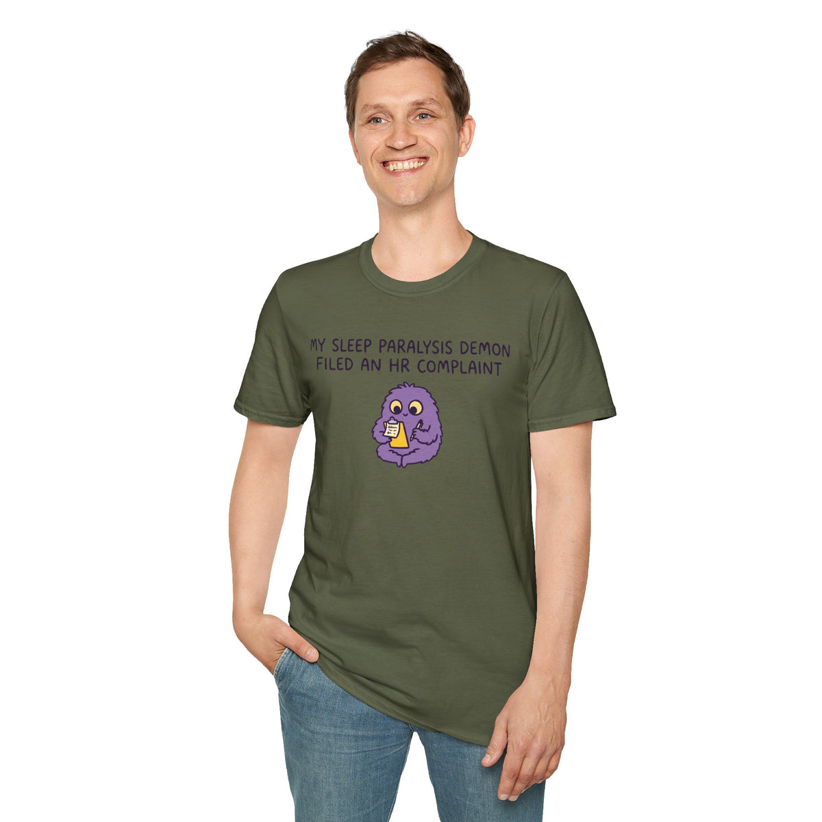 Sleep Paralysis Demon T‑Shirt — Funny Cute Purple Monster with HR Complaint