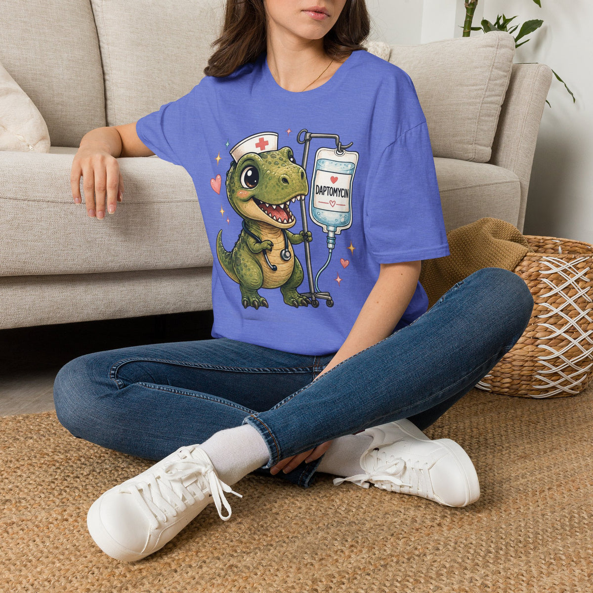 Nurse Dino T‑Shirt — Cute Daptomycin IV Cartoon Tee for Nurses & Med Students