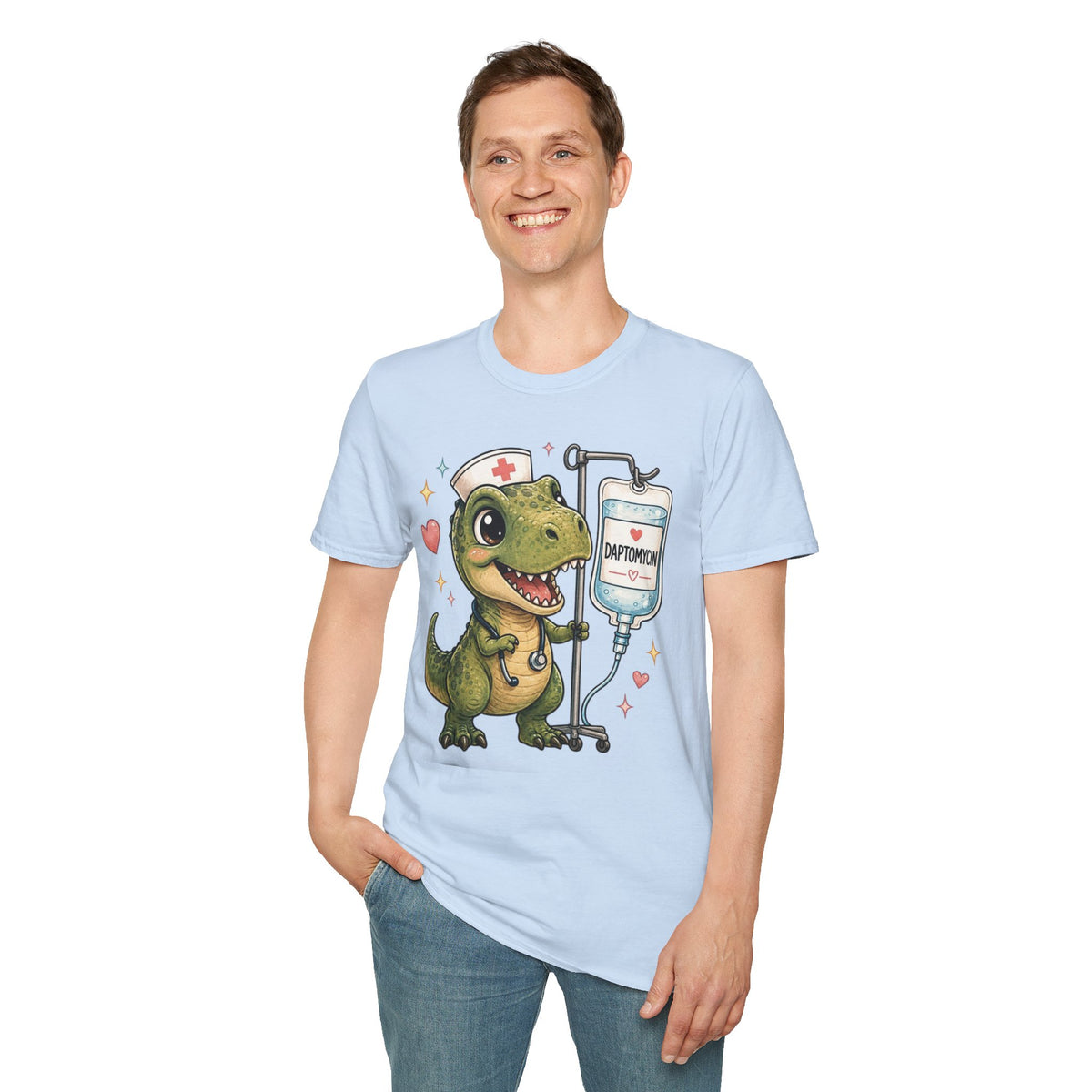 Nurse Dino T‑Shirt — Cute Daptomycin IV Cartoon Tee for Nurses & Med Students