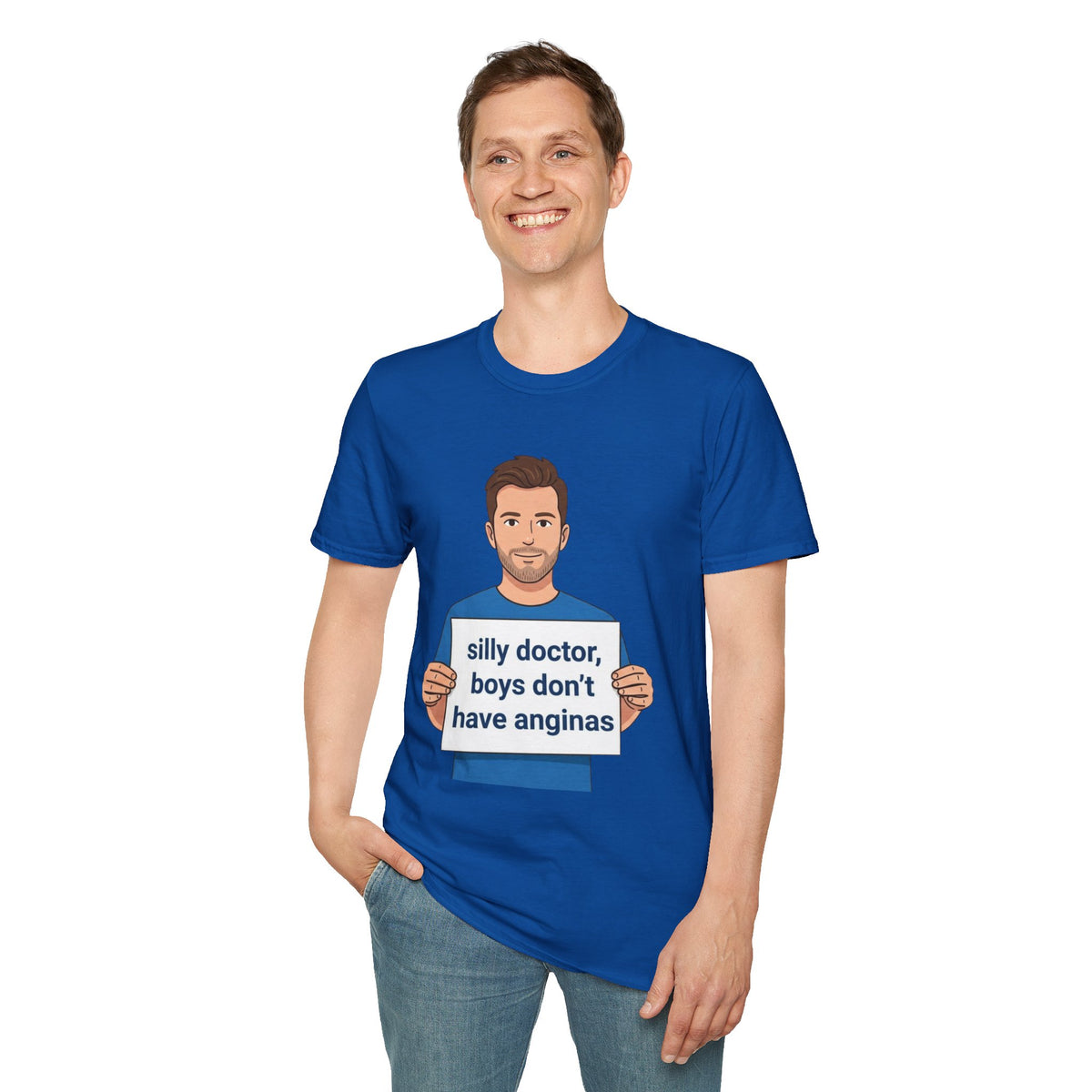 Graphic T-Shirt — 'silly doctor, boys don't have anginas' Cartoon Man Tee