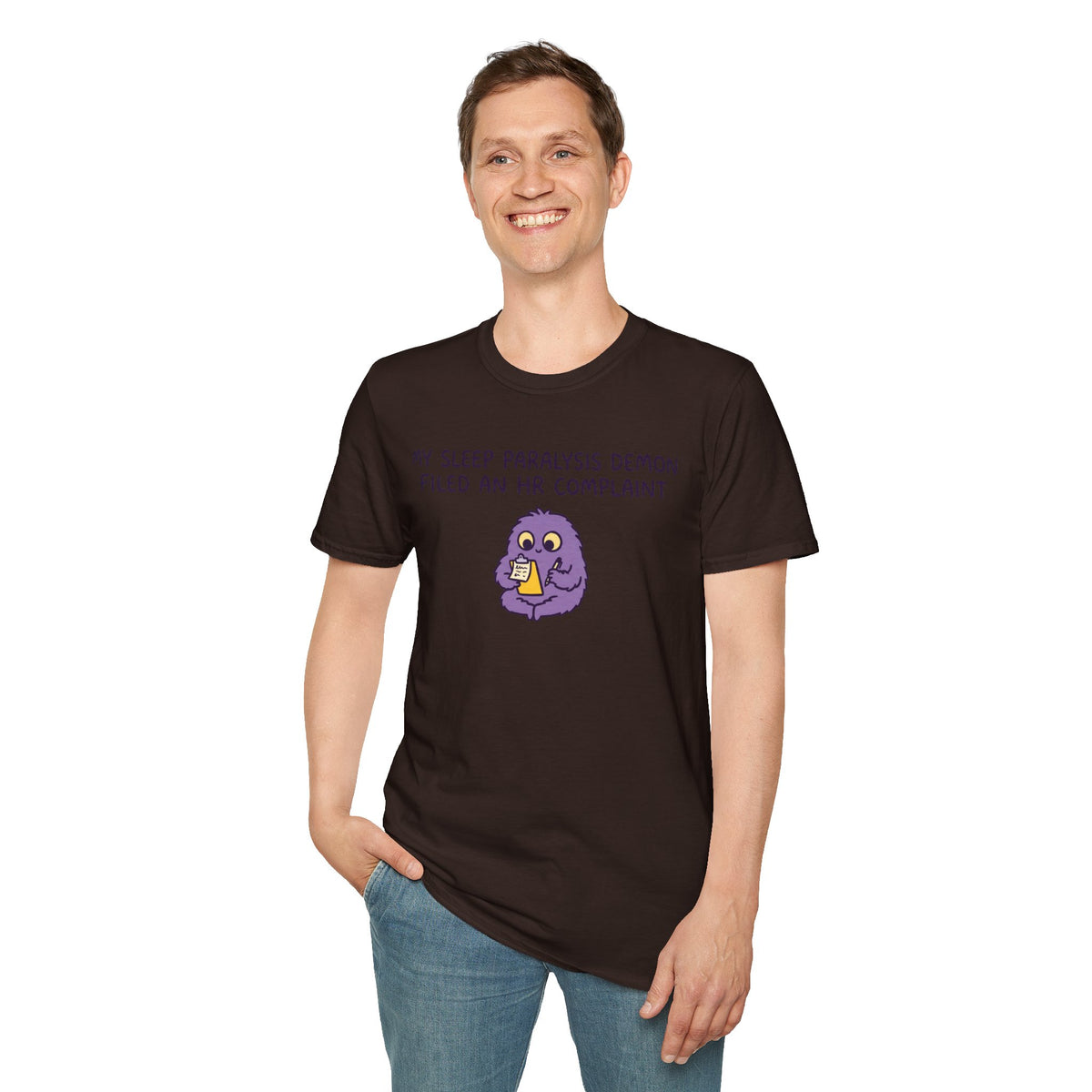 Sleep Paralysis Demon T‑Shirt — Funny Cute Purple Monster with HR Complaint