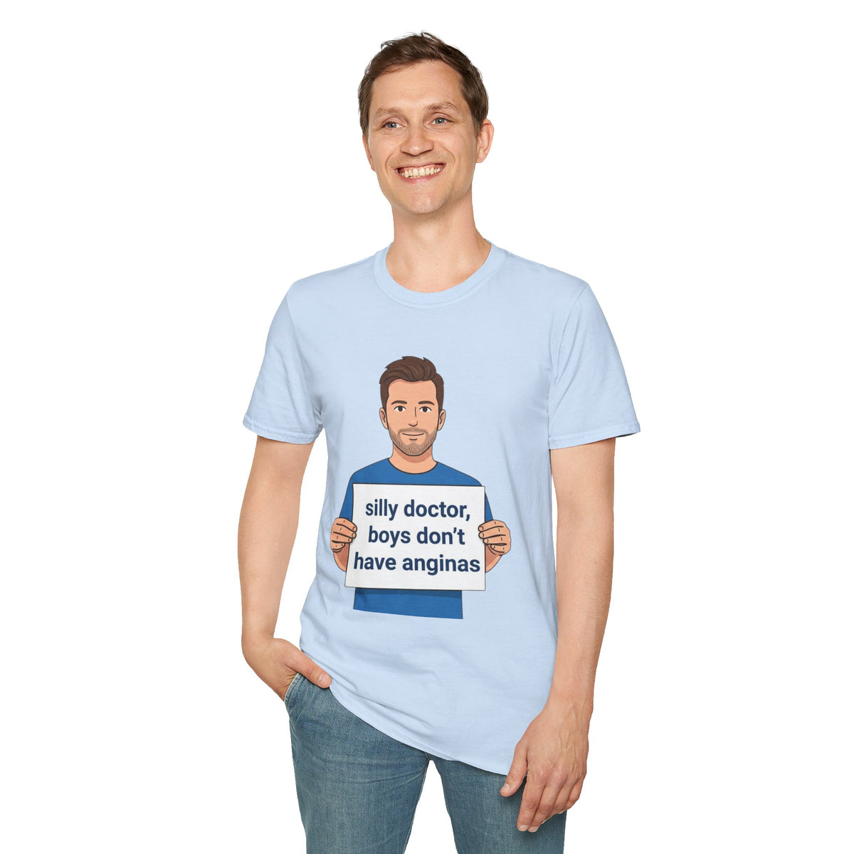 Graphic T-Shirt — 'silly doctor, boys don't have anginas' Cartoon Man Tee