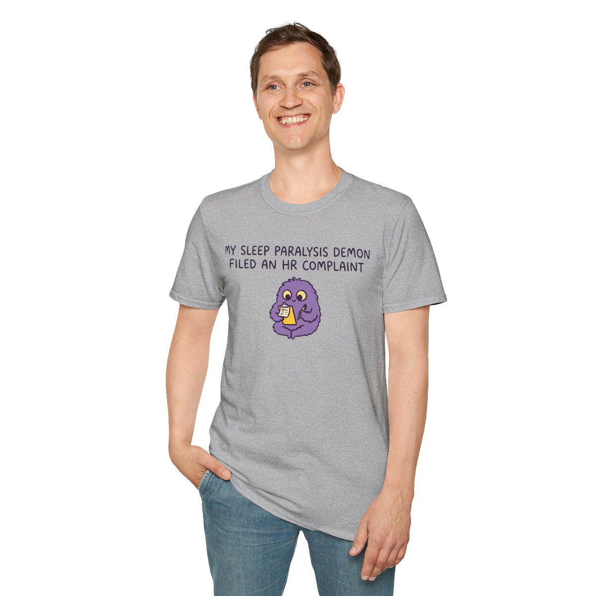 Sleep Paralysis Demon T‑Shirt — Funny Cute Purple Monster with HR Complaint