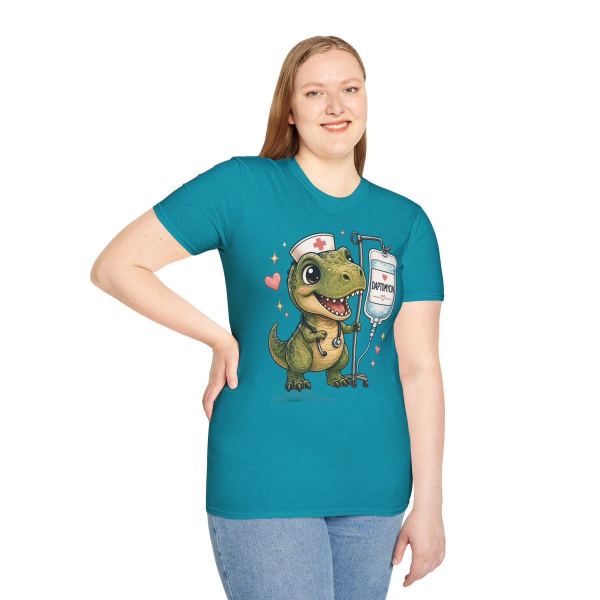 Nurse Dino T‑Shirt — Cute Daptomycin IV Cartoon Tee for Nurses & Med Students