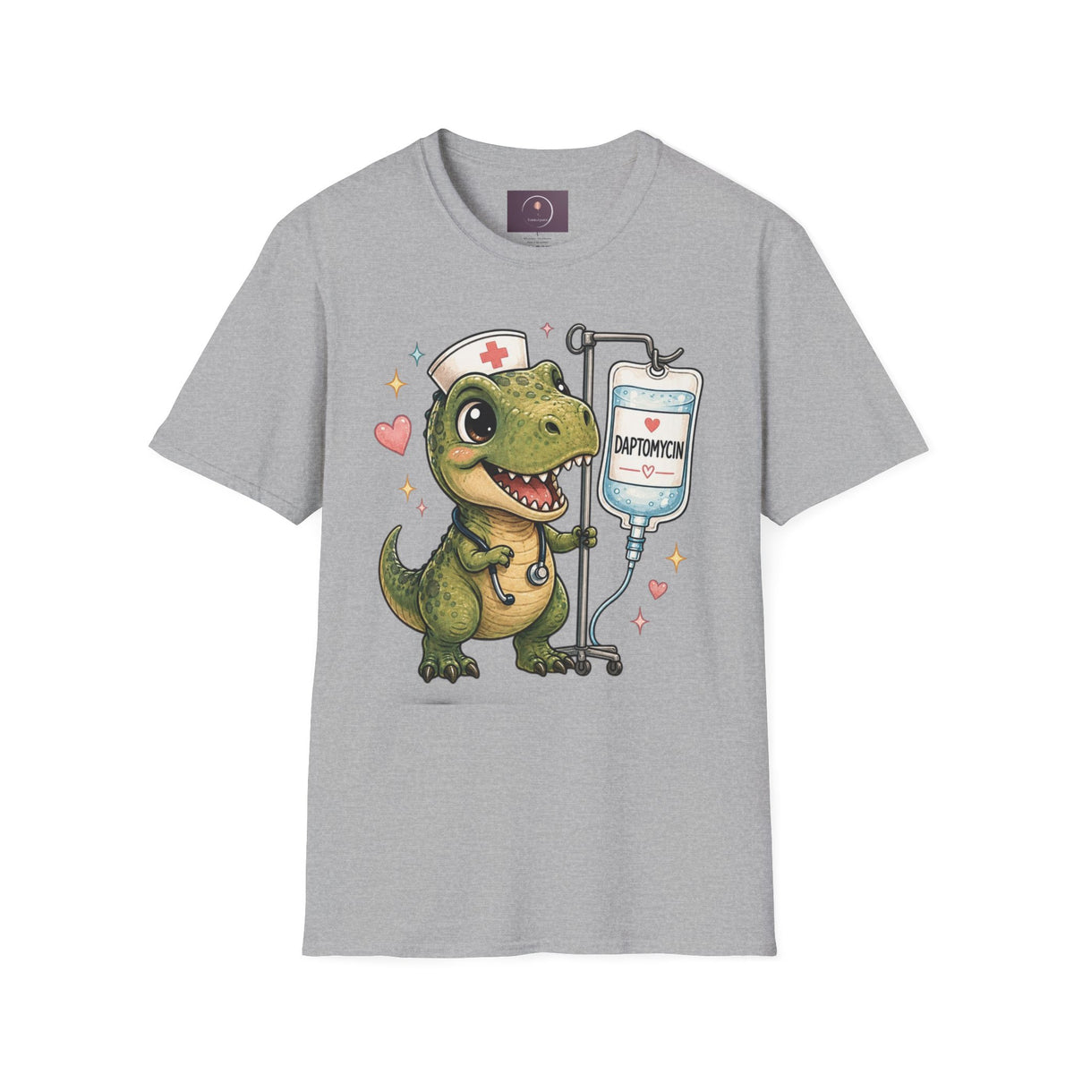 Nurse Dino T‑Shirt — Cute Daptomycin IV Cartoon Tee for Nurses & Med Students