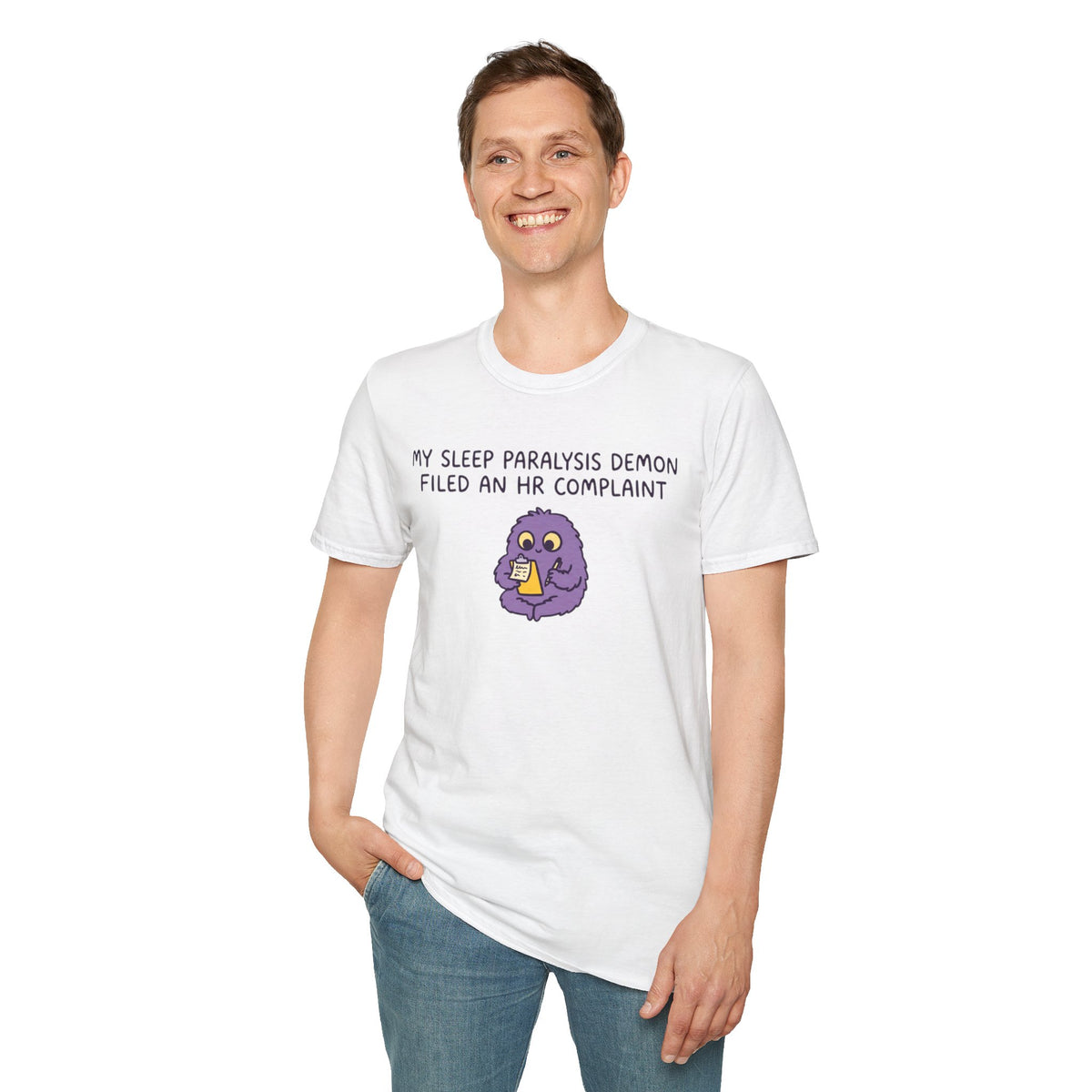 Sleep Paralysis Demon T‑Shirt — Funny Cute Purple Monster with HR Complaint