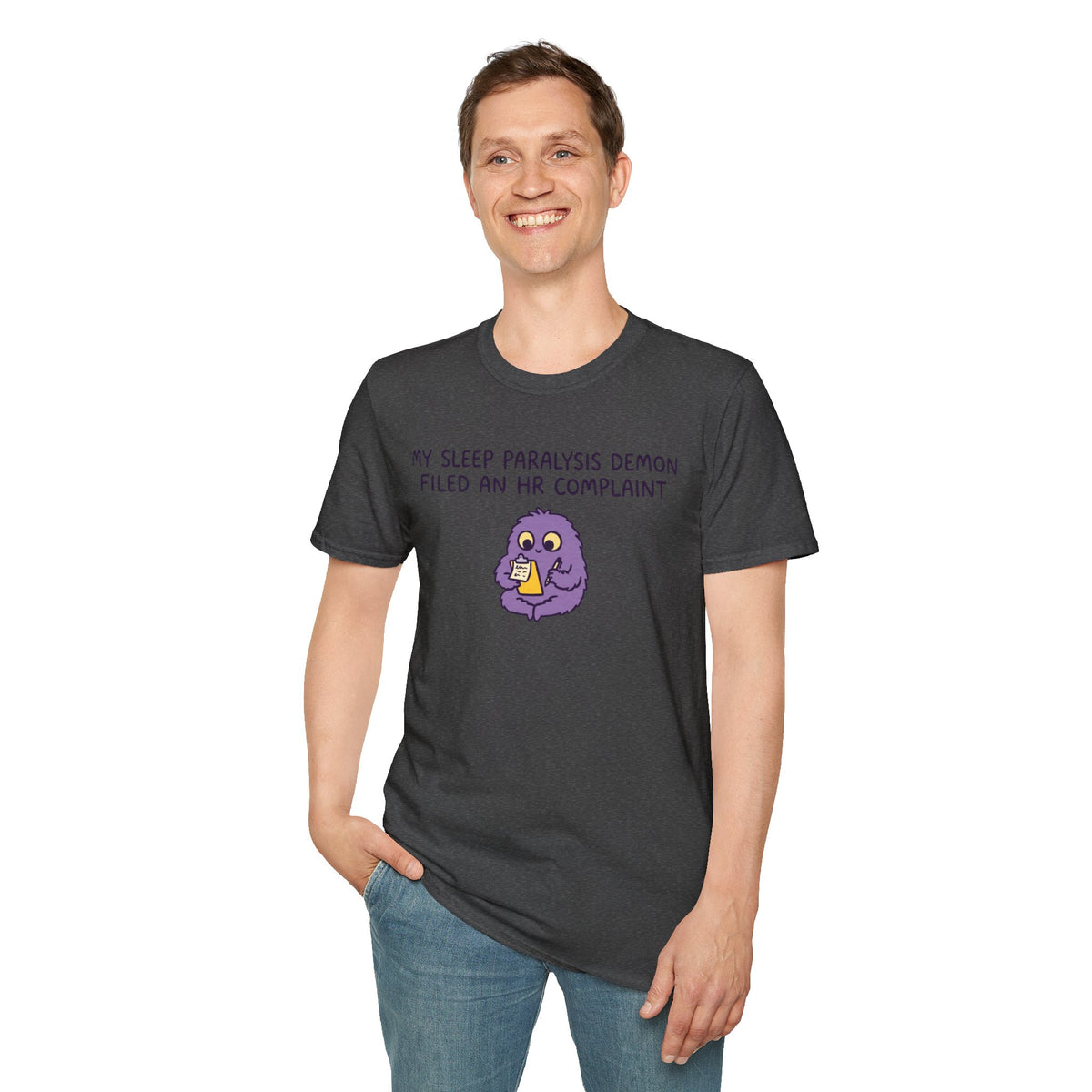 Sleep Paralysis Demon T‑Shirt — Funny Cute Purple Monster with HR Complaint