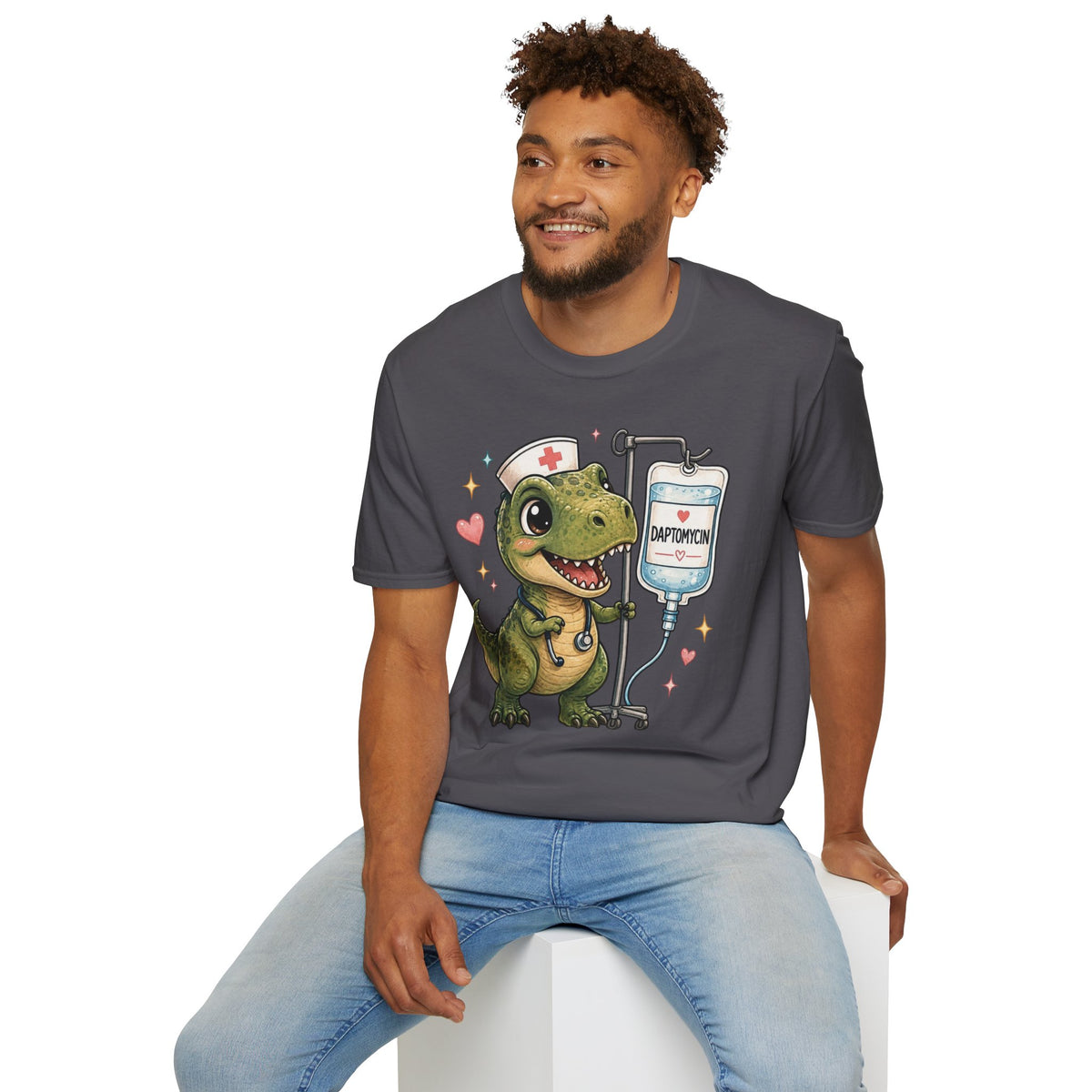 Nurse Dino T‑Shirt — Cute Daptomycin IV Cartoon Tee for Nurses & Med Students