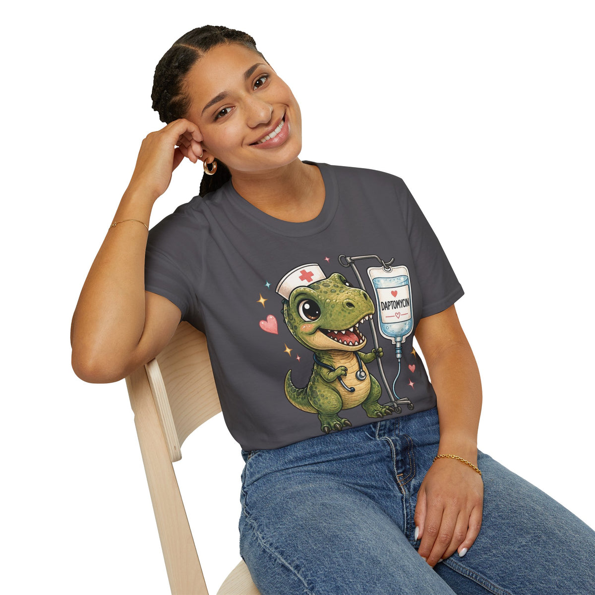 Nurse Dino T‑Shirt — Cute Daptomycin IV Cartoon Tee for Nurses & Med Students