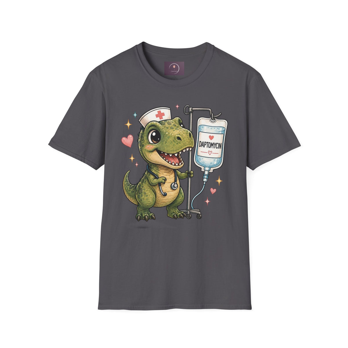 Nurse Dino T‑Shirt — Cute Daptomycin IV Cartoon Tee for Nurses & Med Students