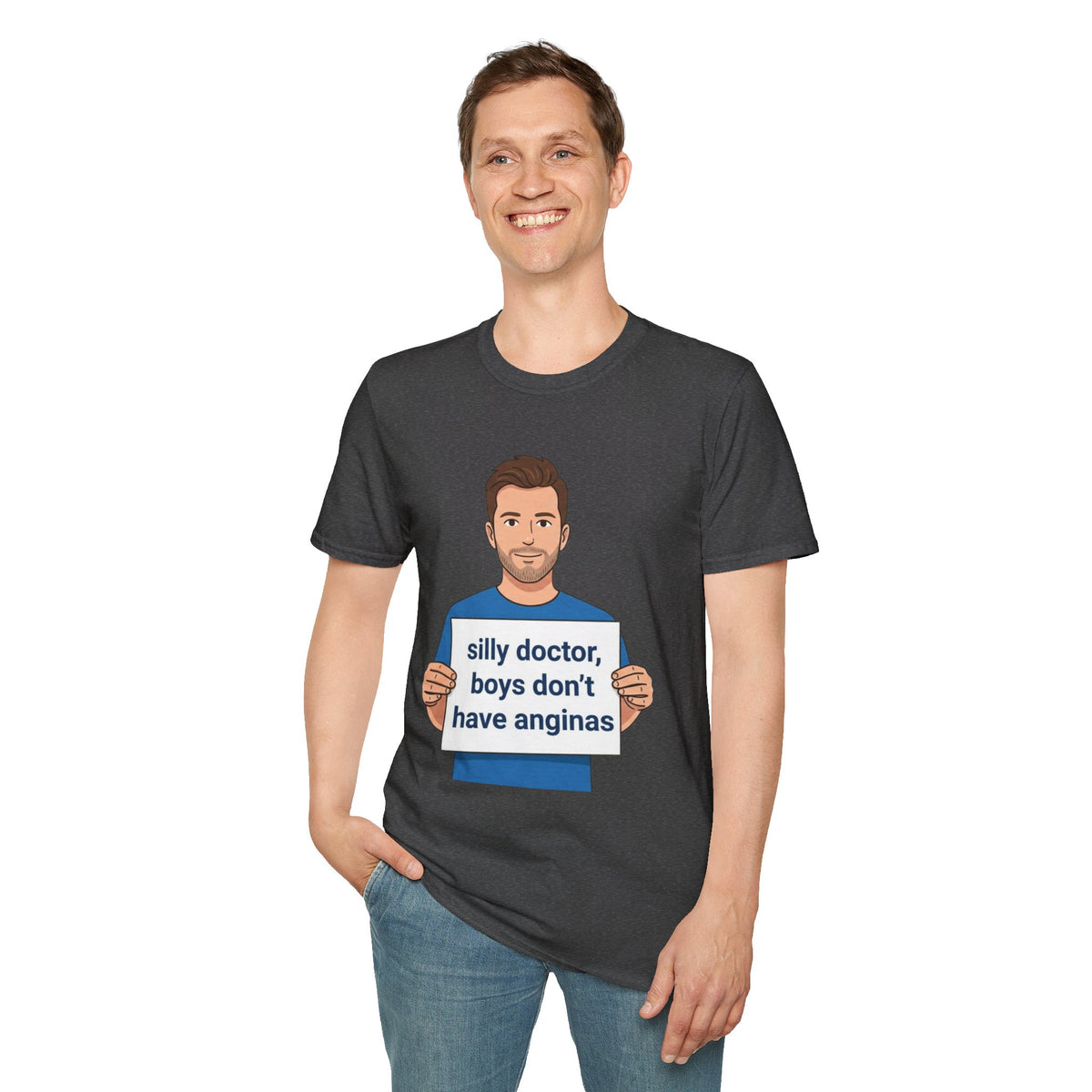 Graphic T-Shirt — 'silly doctor, boys don't have anginas' Cartoon Man Tee