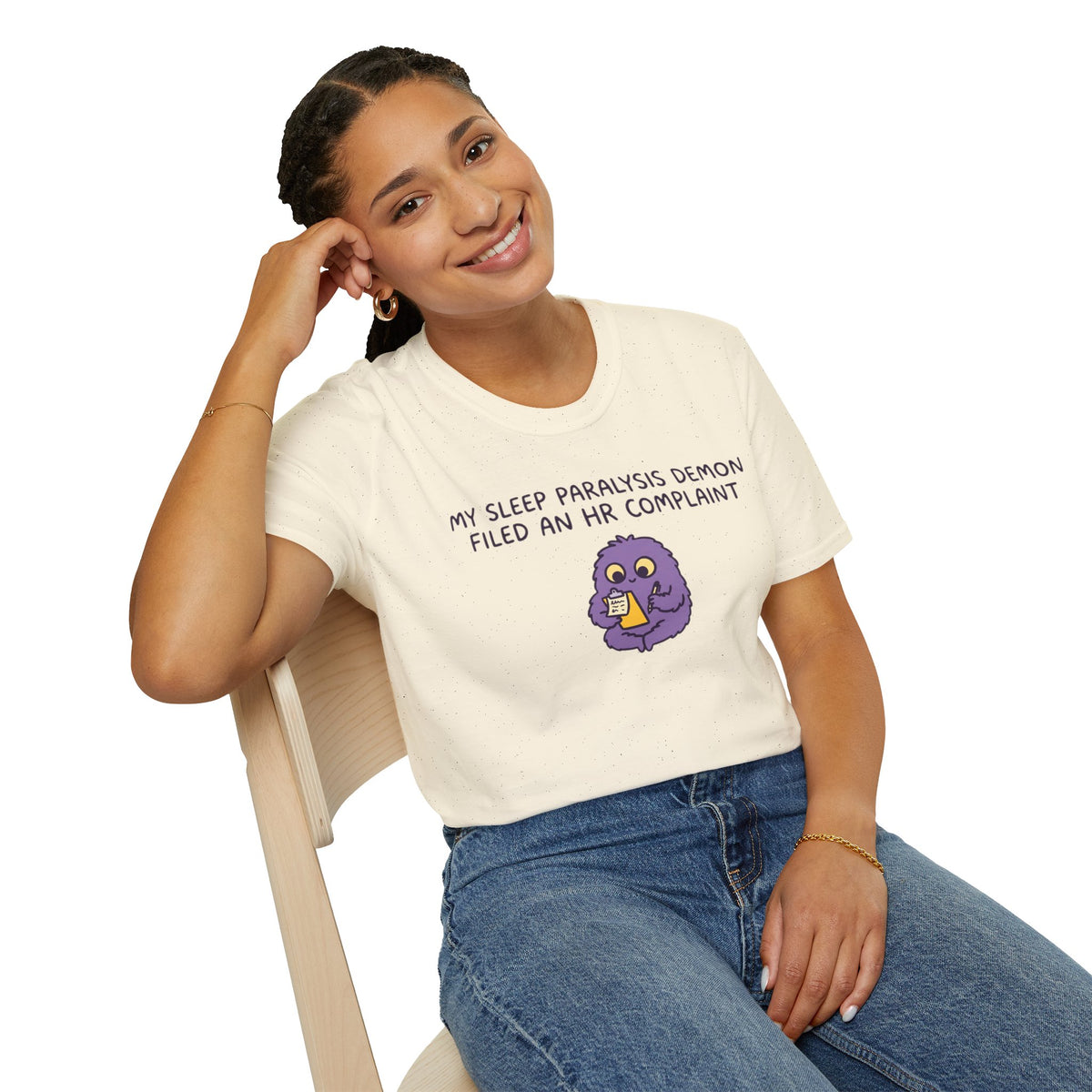 Sleep Paralysis Demon T‑Shirt — Funny Cute Purple Monster with HR Complaint