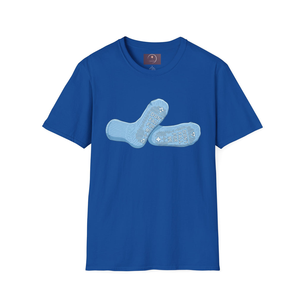 Socks Graphic T‑Shirt — "Don't Fall For Me" Blue Socks Design