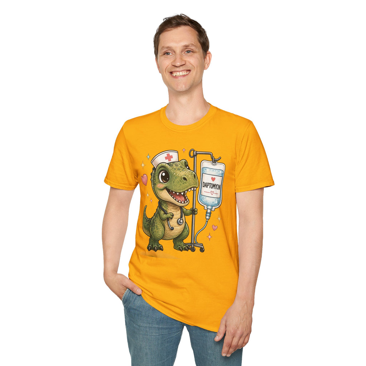 Nurse Dino T‑Shirt — Cute Daptomycin IV Cartoon Tee for Nurses & Med Students