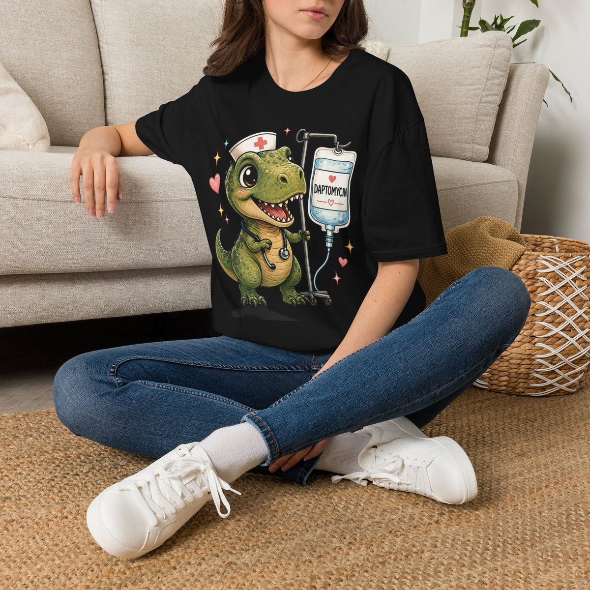 Nurse Dino T‑Shirt — Cute Daptomycin IV Cartoon Tee for Nurses & Med Students