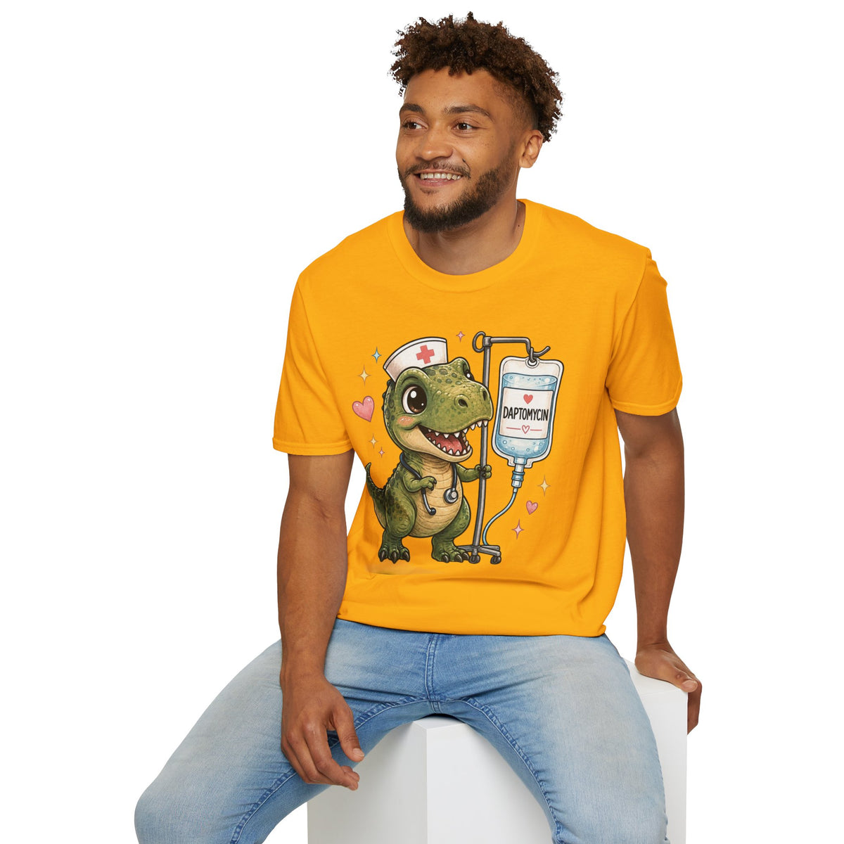 Nurse Dino T‑Shirt — Cute Daptomycin IV Cartoon Tee for Nurses & Med Students