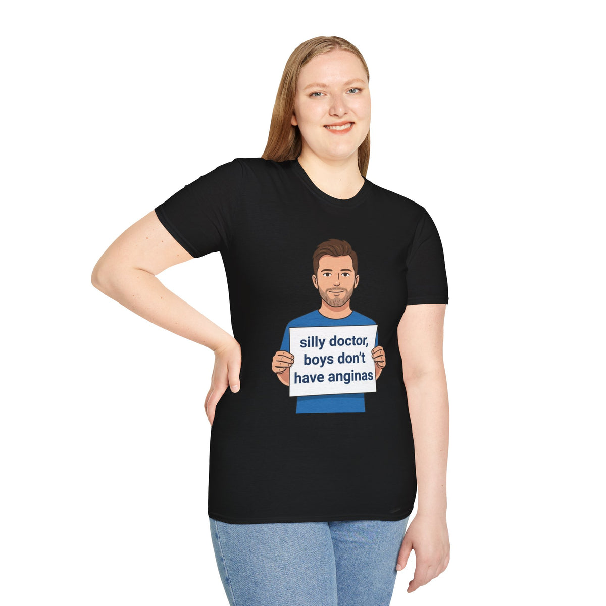 Graphic T-Shirt — 'silly doctor, boys don't have anginas' Cartoon Man Tee